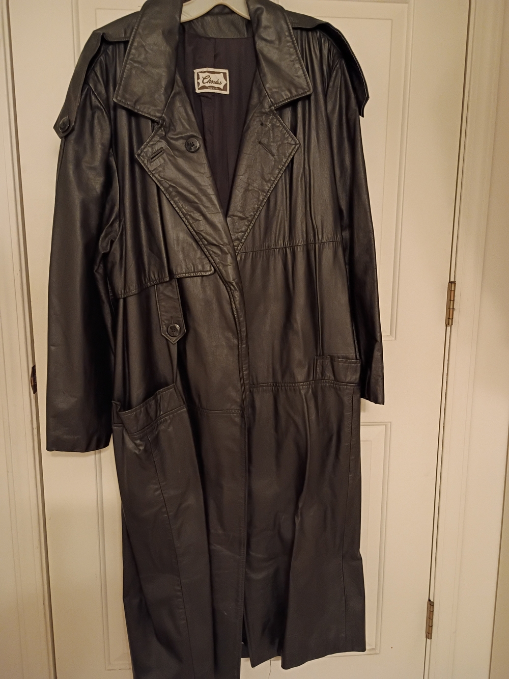 Chor Black Leather Trench Coat with Epaulets